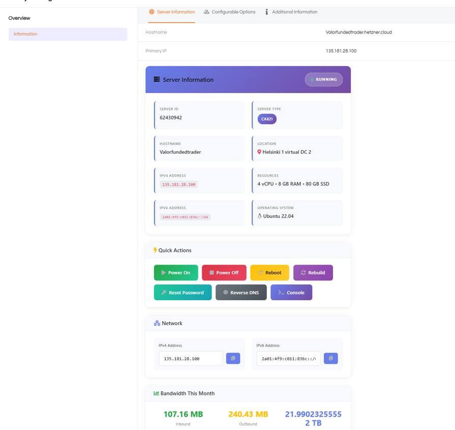 Hetzner Cloud WHMCS Module Dashboard - Client Area Overview